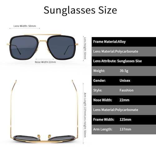 Image of Polarized Sunglasses for Men Women Vintage UV400 Classic Iron-Inspired Hero Style Pilot Sunglasses Fashion Square Metal Frame (Gold Frame /Gray Lens)