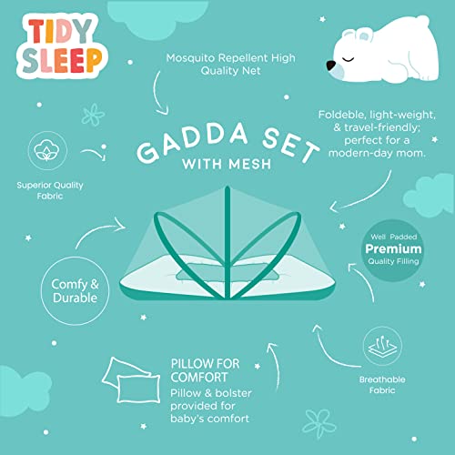 Image of TIDY SLEEP Baby Bed, Mosquito Net & Neck Pillow, Baby Gadda Set for New Born, 0M+, Printed Baby Gadda, Baby Sleeping Bed of 90cm x 65cm x 10cm, Fruits