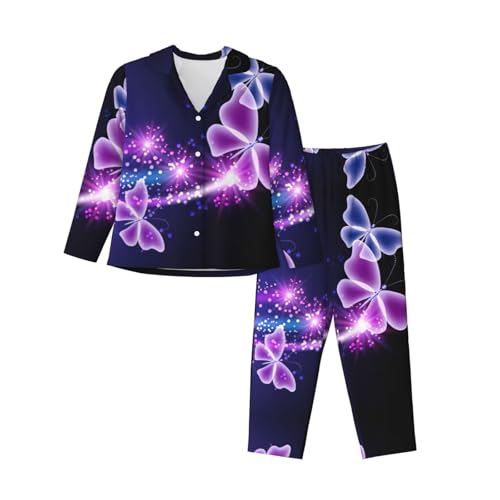 Pyjama imprimé papillon violet vêtement de nuit tendance pour femme ensemble long confortable