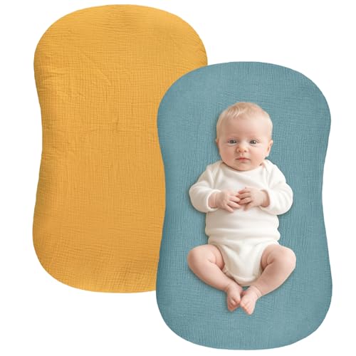 Image of Hooyax Baby Lounger Cover 2 Pack - 100% Muslin Cotton Newborn Lounger Pillow Covers Only, Soft Breathable Infant Lounger Cover with Reinforced Stitching, Fits Most Standard Baby Loungers (Blue Ginger)