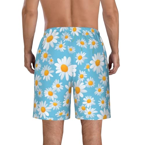 White Daisy in Light Blue Background Print Men's Swim Trunks with Liner,Beach Shorts for Summer,Suitable for Water Activities3