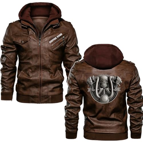 orealexpress Funny Biker Skull Motorcycle, Custom Name Motorcycle Jacket, Personalized Mens PU Leather Coat Custom Motorcycle Jacket Removable Hood Brown
