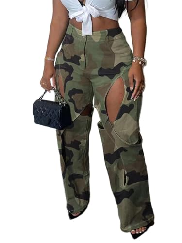 Women's Camo Cargo Pants High Waist Y2K Baggy Cut Out Straight Leg Casual Trousers Streetwear
