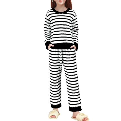 Kids Girls Boys Winter Striped Sweatsuits Fuzzy Flannel Long Sleeve Top and Plush Soft Pants Tracksuit for 0-15 Years
