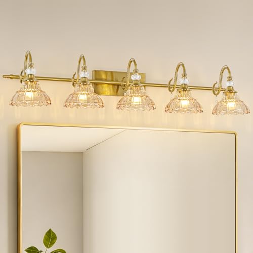 Image of Vintage Bathroom Vanity Light, 5-Light Brushed Gold Finish Wall Sconce with Hanging Crystal Accents and Flower-Shaped Amber Glass Shades, Retro Wall Mount Vanity Light Over Mirror for Bathroom