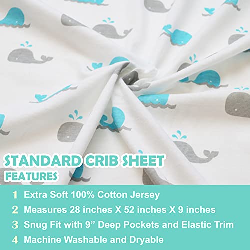 Image of TL Care Cotton Fitted Crib Sheet 52x28 inch, Aqua Whale | 100% Natural Cotton Crib and Toddler Bed Sheets, Soft, Breathable & Hypoallergenic, Gentle on Skin, Neutral for Boys & Girls