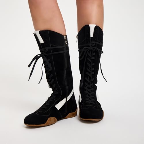 Womens Suede Lace Up Tall Boxing Boots - Retro Style Knee-High Streetwear Fashion Sneakers with Zipper, Non-Slip Sole4