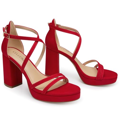 Image of CELLENZ Women Strappy Platform Heels: 3.4 Inch Chunky Heeled Sandals, Comfortable Sexy Block High Heels, for Prom Party Bridal Wedding Black White Silver Nude Dressy Shoes