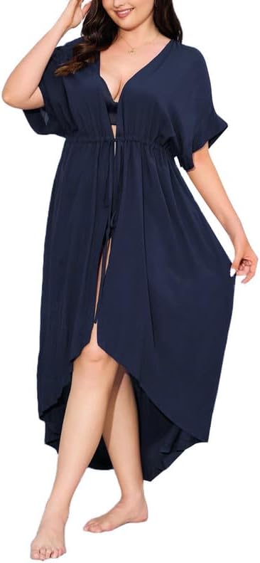 IN'VOLAND Women Plus Size Long Cover up Stripe Bikini Coverups Kimono Tie Front Bathing Suit Swimsuit Beachwear Navy Blue