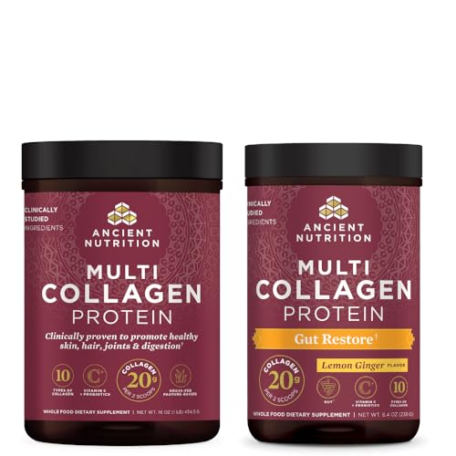 Ancient Nutrition Multi Collagen Protein Powder, Unflavored, 45 Servings + Multi Collagen Protein Powder, Gut Restore, 20 Servings