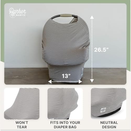 Image of Parker Baby 4 in 1 Car Seat Cover for Girls and Boys - Stretchy Carseat Canopy, Nursing Cover, Grocery Cart Cover, High Chair Cover - inchPewter /Snow Stripes inch