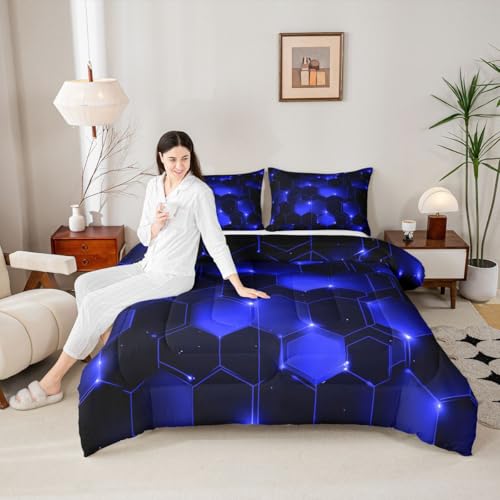 Image of Feelyou Blue Black Honeycomb Comforter Set Twin, Honeycomb Comforter for Kids Boys Girls Beehive Hexagon Bedding Set Geometric Duvet Durable Quilt Twin Size