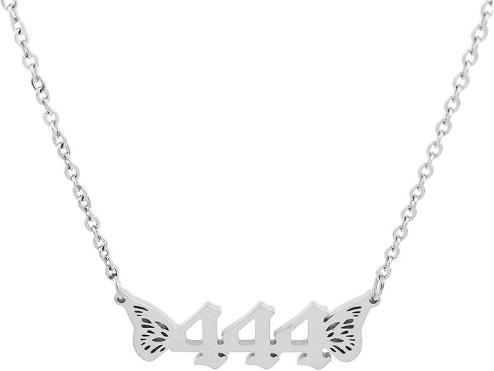 PAURO Butterfly Angel Numbers Necklaces for Women Stainless Steel 111 222 333 444 555 666 777 888 999 Numbers Pendant Choker Numerology Jewelry