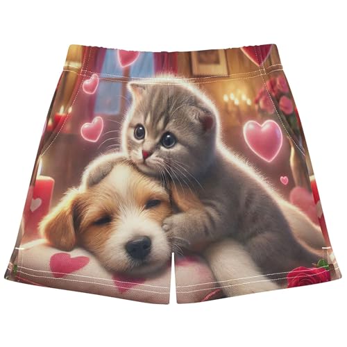 Girls Athletic Shorts Cute Puppy Kitten Valentine Snuggle Print Comfy Soft Summer Pajama Shorts Kids Teens, X-Small