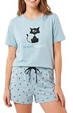 LITTLE UNICORN 26V246 - Pijama Verano Mujer Gatito No Ronco, ronroneo Mujer Color: Celeste Talla: S