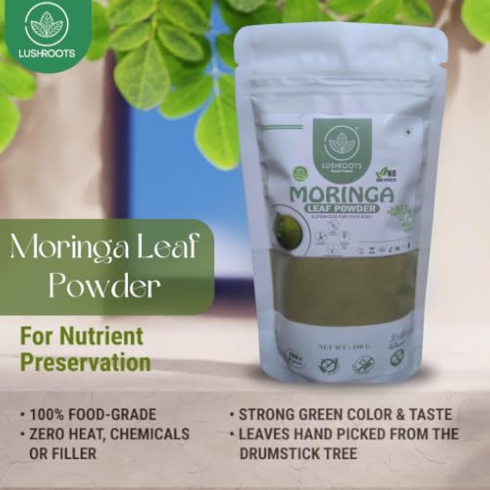 LUSHROOTS Moringa Leaf Powder, 100g Natural Supplement