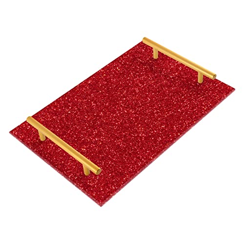 Red Glitter Vanity Tray with Gold Handles Bathroom Serving Decorative Tray Perfume Jewelry Dish Organizer for Dresser Bedroom Kitchen