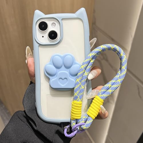 Coque chat iPhone 11 à 16 avec dragonne 3D anti-chute bleue