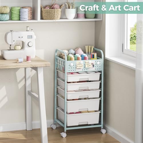 5 Drawer Rolling Storage Cart with Pegboard Top and Hooks, Mobile Utility Organizer with Wheels for Office Supplies, Craft Storage, Classroom Organization, Home Storage Cart, Green - Image 7
