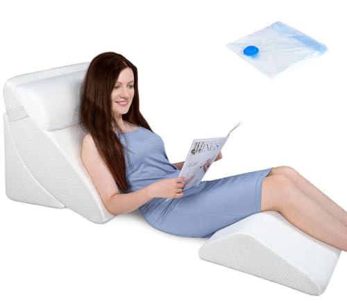 COOLBEBE 4pcs Bed Wedge Pillow Set, Premium Foam Orthopaedic Wedge Pillow for Back Neck Leg Pain Relief - Adjustable & Comfortable Wedge Pillows - Great for Sleeping, Reading, Rest Elevation