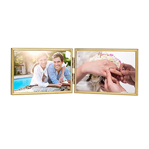 Bowenturbo Double Thin Edge Metal Picture Frame,Horizontal Standing,Velvet Back Simple Classic Styling (Double 4X6, Brushed Gold) #TOP5