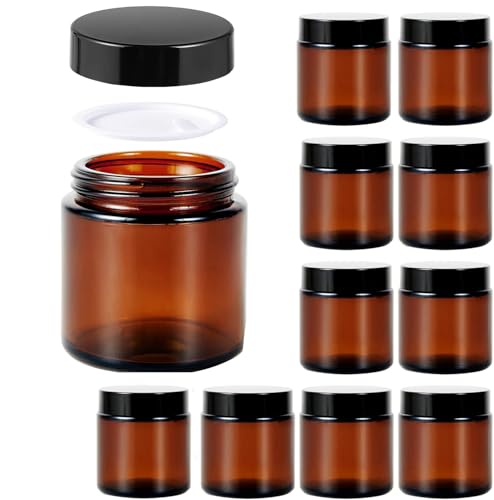 10 Stück Amber Glas Leerdose,100ml Braunen Tiegel Cremedose Glasbehälter Leere,Nachfüllbare Behälter Jars,mit Deckel und Liner für Kosmetik Cremes Lotionen Ätherische Öle Pulver Spenderflaschen