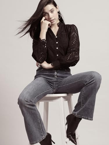 Image of VERO Moda Women's Cotton Mandarin Collar Solid Regular Fit Shirt | Schiffli Design Shirt for Women