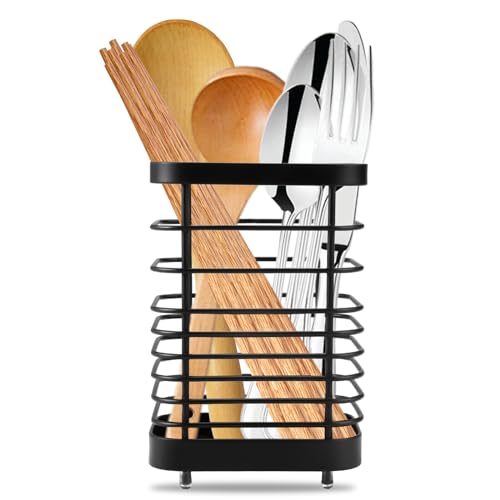 Cesta para Cubiertos de Acero Inoxidable, Negro Escurre Cubiertos Soporte para Utensilios de Cocina Recipiente para Utensilios de Cocina Cubertero para Encimera Cesto para Utensilios de Cocina
