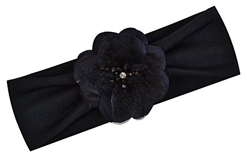 Baby Girls Flower Headband with Rhinestone Madeline Collection Fits Newborn to 12 Months (Black Flower/Black Band)