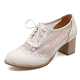 Womens Lace Mesh Stacked Chunky Heel Wingtip Oxfords Round Toe Block Heels Lace-Up Pumps Work Office Dress Shoes (White, US 7)