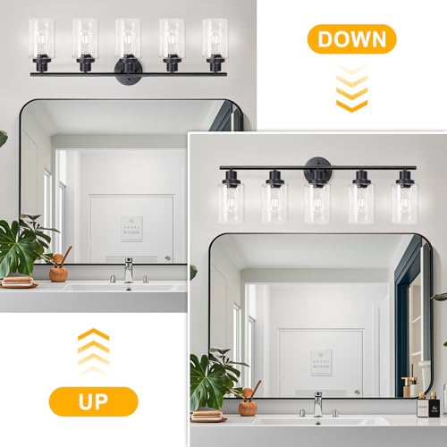 Image of Unicozin Modern Bathroom Light Fixtures, 5 Light Vanity Lights, Black Wall Lamp with Clear Glass for Bathroom, Mirror, Living Room, Bedroom, Hallway, E26 Base