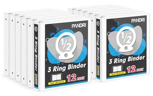 3 Ring Binder 0.5 Inch, PANDRI 12 Pack 0.5-Inch Binder Fits Letter Size 8.5'' x 11'' Paper, Versatile Binders for Office Home School, 2 Pockets, White