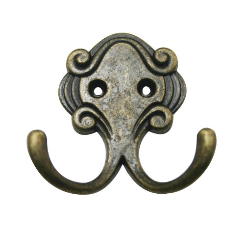 Amanaote Metal Antique Brass Hardware Double Prong Robe Hook Clothes Hanger with Screws(Pack of 6)