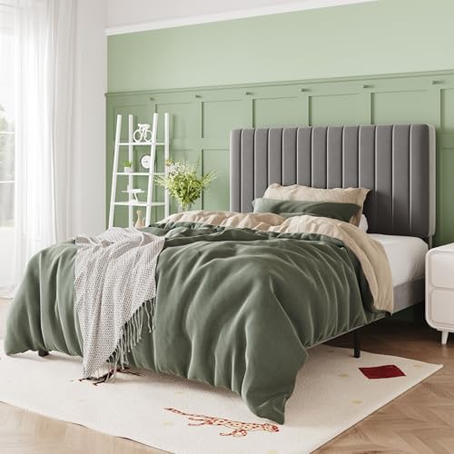 Image of Allewie Twin Bed Frame, Velvet Upholstered Platform Bed with Adjustable Vertical Channel Tufted Headboard, Mattress Foundation with Strong Wooden Slats, Box Spring Optional, Easy Assembly, Grey