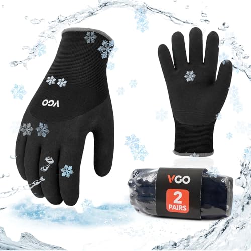 Vgo... 2-Pairs Freezer Winter Work Gloves, Double Lining Rubber Latex Coated for Outdoor Heavy Duty Work (Size L, Black, RB6032)