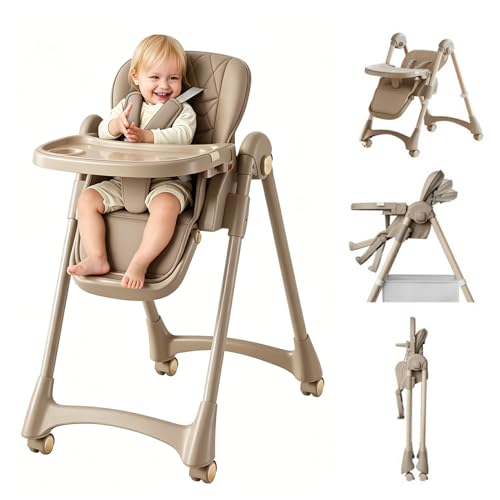 4 in 1 Foldable High Chairs for Babies and Toddlers with Wheels Foldable Baby Feeding Chair with Multiple Adjustable Backrest Footrest and Seat Height Removable Tray PU Leather CushionChampagne