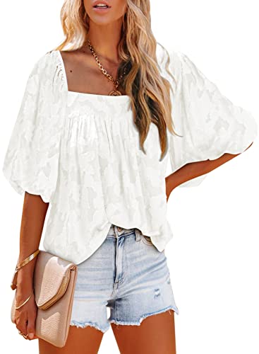 Evaless Women's Square Neck 3/4 Puff Sleeve Lace Floral Chiffon Top - White, Xl #TOP13
