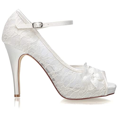 JIAJIA 154814 Women's Bridal Shoes Peep Toe 4.1'' High Heel Lace Satin Pumps Flower Wedding Shoes3