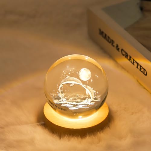Image of 3D Dolphin Crystal Ball Lamp with Dimmable LED and Wooden Base, Night Light for Kids Teens Adults, Home Desk Office Bedroom Decor, Birthday Gift (2.4 inch / 6cm)