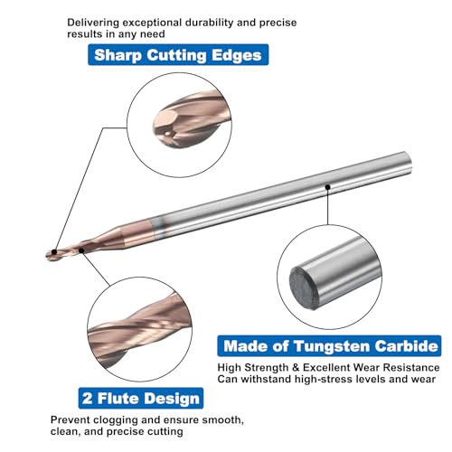 Image of HARFINGTON Ball Nose End Mill 2 Flute 0.063 inch Diameter 1 /8 inch Shank Tungsten Carbide Uncoated Spiral CNC Router Bits 0.189 inch Cutting Length Single End Ball for Carving Engraving Grinding