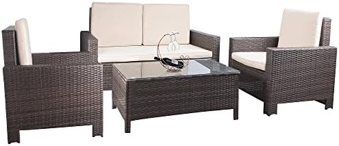 Devoko 4 Pieces Porch Patio Furniture Sets Clearance PE Rattan Wicker Garden Sofa Beige Cushion Chairs with Table Indoor Outdoor All Weather Deck Lawn Couch (Brown)