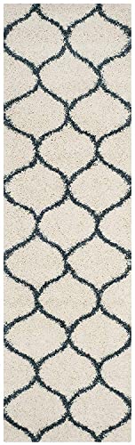 Image of Super Ultra Modern Soft Shaggy Handcrafted Anti-Skid Silk Touch Carpet, Size 2x6 Feet, Color Ivory & Bluee