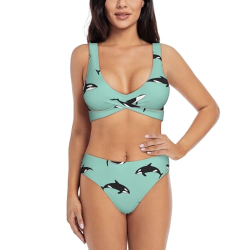 Conjunto de bikini de ballena del océano Pacífico para mujer, trajes de baño de 2 piezas de cintura alta para mujer 2024 con control de abdomen, Negro -, S
