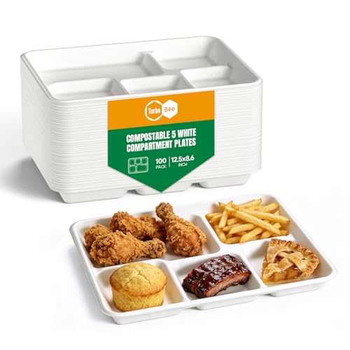 Turbo Bee Disposable 5 Compartment Plates 100Pack Bagasse Divided Paper Trays Heavy Duty Serving Plates for School Lunch Meal Prep Picnic and Buffet