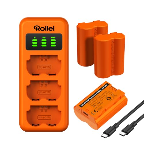Rollei NP-W235 Lot de 3 Batteries et chargeurs - Charge Rapide - avec Port USB-C - 100% Compatible avec Fujifilm X-S20 X-T5 X-T4 X-H2 X-H2S GFX100S GFX50S II GFX100 II