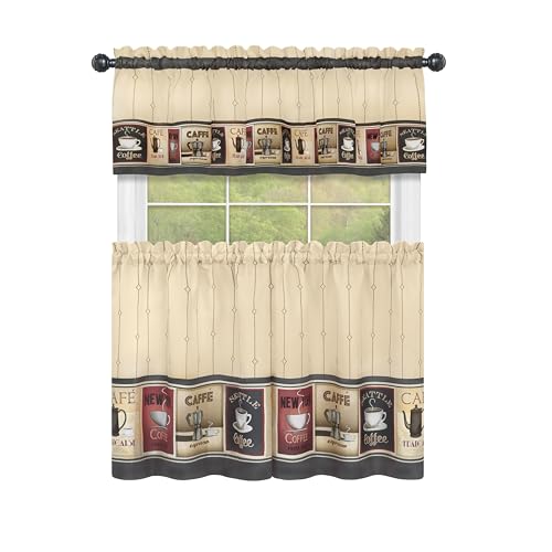 ACHIM Cozy Caf&eacute; Printed Tier & Valance Set - 58x36 Inch Tan-Black