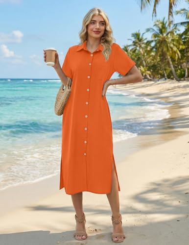 Image of HOTOUCH Womens Dress Summer Casual Midi Short Sleeve Button Down Shirt Dresses Loose Beach Cover Up with Pockets