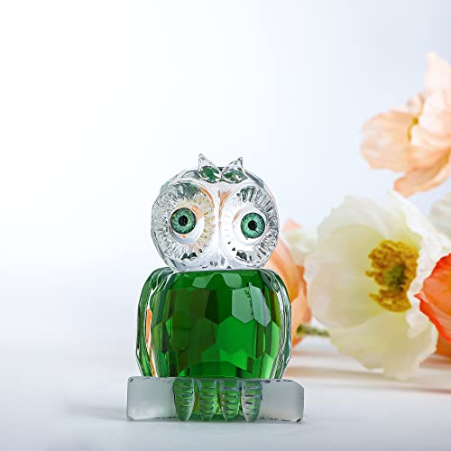 H&D Hyaline&Dora Green Crystal Owl Figurine Collection Paperweight,Glass Ainmal Ornament Table Centerpiece Decor