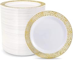 100Pcs White and Gold Plastic Plates