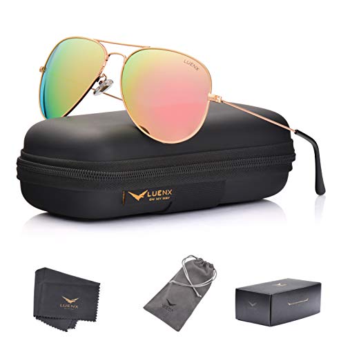 LUENX Aviator Sunglasses for Womens Mens Polarized Pink Mirrored lenses Gold Frame UV 400 Protection Classic Style